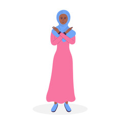Muslim woman in hijab showing refusal or stop gesture with crossed hands. Body language and nonverbal communication. Expressing Negative emotions, communication, disagree feelings. Break the bias.