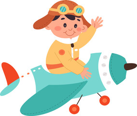 Cute cartoon aviator flat icon Baby on airplane