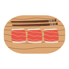 Sushi set with salmon and chopsticks on wooden plate. Cute hand drawn cartoon illustration for asian food menu, stickers, wall art, restaurant logo