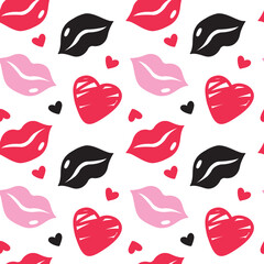 Kisses and hearts. Valentine's Day. Seamless pattern. Vector.