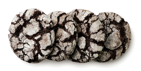 Chocolate chip cookies with cracks on a white background. Top view