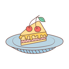 Piece of cake with cherry on a plate. Birthday, celebration, holiday, party concept. Hand drawn doodle illustration.