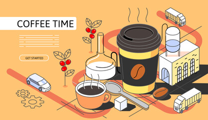 Coffe town Isometric Concept. Use for web page, banner, infographics. Flat illustration editable line. Paper coffee cup