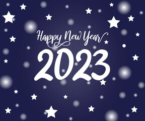 Happy new year 2023 vector design with blue background. Holiday celebration banner, poster, greeting card design with bokeh effect.