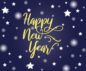 Happy new year calligraphy vector design with dark blue background. banner, poster, greeting card design with bokeh effect .