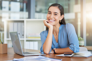 Business woman, portrait and laptop in office for worker with idea, vision or goal while doing...