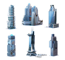 Skyscrapers, business towers, office, residential and commercial tall buildings set. Modern eco cityscape 3D render design elements. Future smart city megapolis town skyscraper icons isolated on white