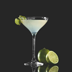 Cocktail Margarita. Alcoholic drink with tequila, lime juice and citrus liqueur. Drink in cocktail glass, decorated with lime, on reflective table. Dark background. Copy space. 