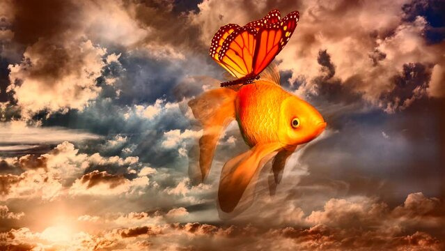 Surreal imagination. Golden fish and butterfly