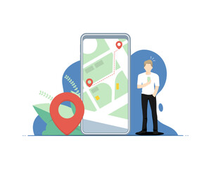Application navigator on smartphone concept, Human standing holding smartphone, Digital marketing illustration.