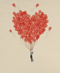 Young girl holding a lot of drawn balloons in shape of heart. Creative design for greeting card for...