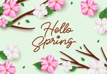 Spring hello text vector background design. Hello spring greeting card with beautiful and lovely flower elements for holiday season celebration. Vector Illustration. 