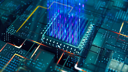 Futuristic CPU big data process binary code. Data transfer integrated microchip. Digital network and computing development 3D background.