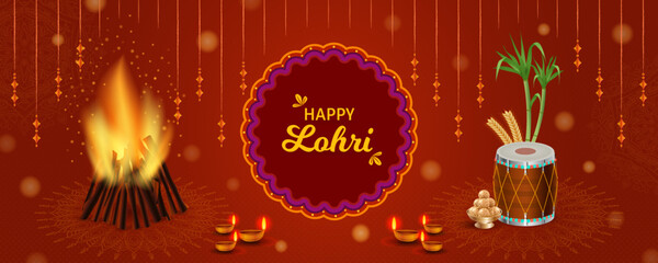 Traditional Happy Lohri Horizontal background design. Dhol, Bamboo, harvest and ladoo. Realistic digital graphic. Punjabi festival vector illustration. Website header, invite, promotion, social media