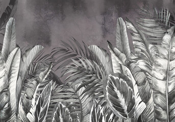 Tropical leaves on grunge background. Design for wallaper. Mural, modern, loft style.