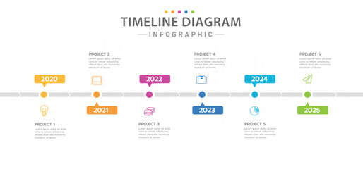 Infographic template for business. 6 steps Modern Timeline diagram with year tags, presentation vector infographic.