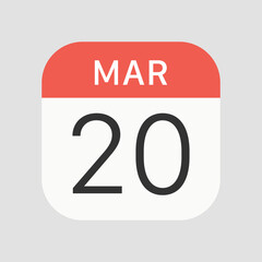 March 20 calendar icon isolated on background. Calendar symbol modern, simple, vector, icon for website design, mobile app, ui. Vector Illustration