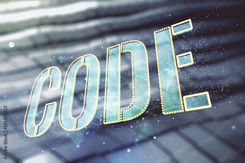 Aufkleber code word hologram on abstract metal background, international software development concept. multiex