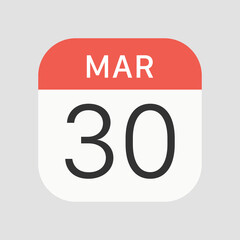 March 30 calendar icon isolated on background. Calendar symbol modern, simple, vector, icon for website design, mobile app, ui. Vector Illustration