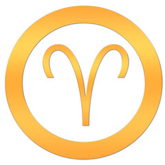 Aries icon. Astrological sign of the horoscope. Zodiac symbol. The element of fire. Gold sticker with the image of the zodiac. The icon of the astrological symbol in a circle on a white background.