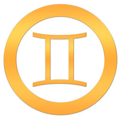 The Twin icon. Astrological sign of the horoscope. Zodiac symbol. The element is air. Gold sticker with the image of the zodiac. The icon of the astrological symbol in a circle on white.