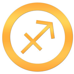 The Sagittarius icon. Astrological sign of the horoscope. Zodiac symbol. The element of fire. Gold sticker with the image of the zodiac. The icon of the astrological symbol in a circle on a white.