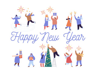 Fototapeta na wymiar People celebrate winter Holidays flat vector collection. Happy New Year, Christmas. Winter outdoor activities.