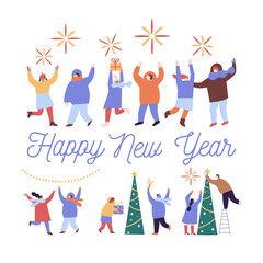 People celebrate winter Holidays flat vector collection. Happy New Year, Christmas. Winter outdoor activities.