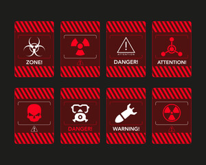 Red warning windows about radiation hazard. High voltage and nuclear radiation caution. Red warning windows about radiation hazard, danger message radiation hazard and high voltage.