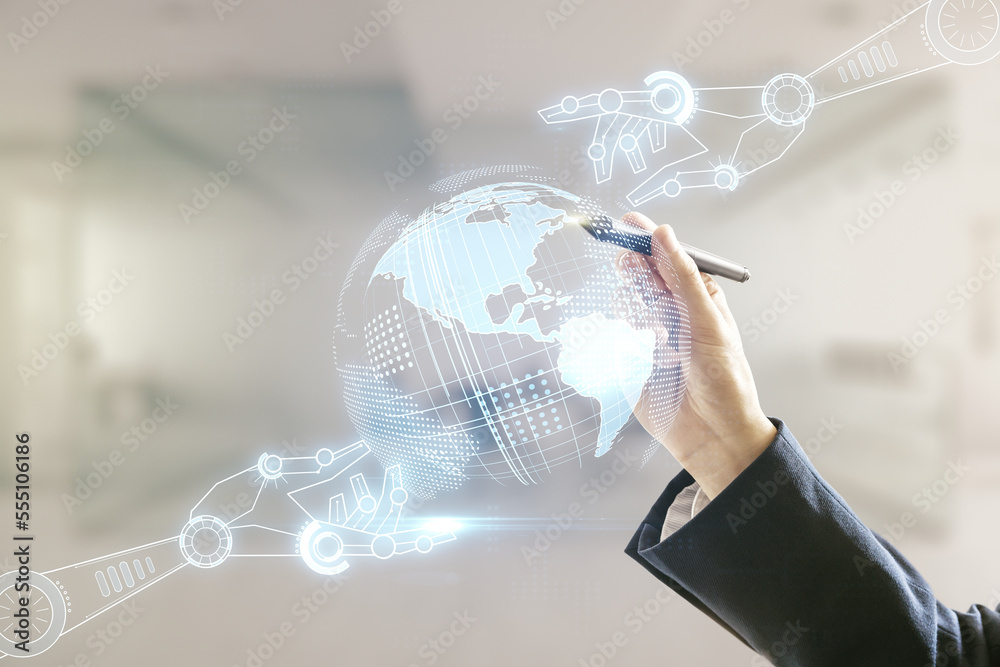 Aufkleber man hand with pen working with abstract virtual robotics technology hologram with globe sketch on bl
