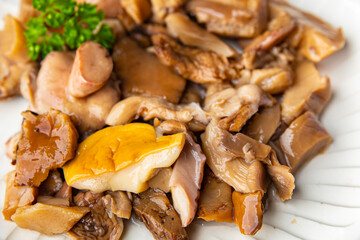 mushroom mix white mushroom, boletus, mushrooms, chanterelles aperitif food marinated snack healthy meal food snack on the table copy space food background rustic top view