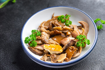 mushroom mix white mushroom, boletus, mushrooms, chanterelles aperitif food marinated snack healthy meal food snack on the table copy space food background rustic top view