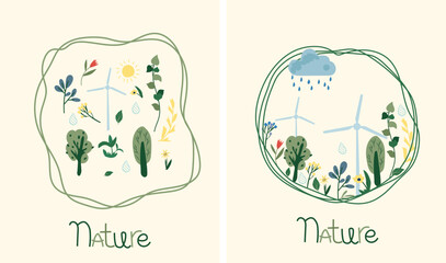 Nature as a source of energy for man. Green planet, care for nature. The concept of ecology, lifestyle, saving the planet. Suitable for social posters, cards, logos, banner. Vector illustration