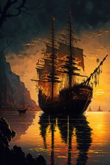 Sailing ship in sunset in the harbor. Old pirate ship. Generative ai. 