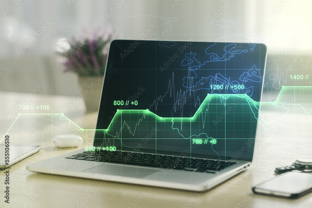 Poster multi exposure of abstract graphic data spreadsheet sketch on modern computer background, analytics 