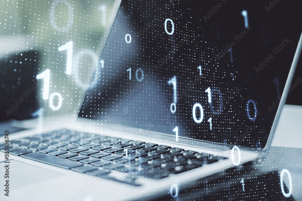 Leinwandbilder Double exposure of creative abstract binary code hologram on laptop background. Database and programming concept