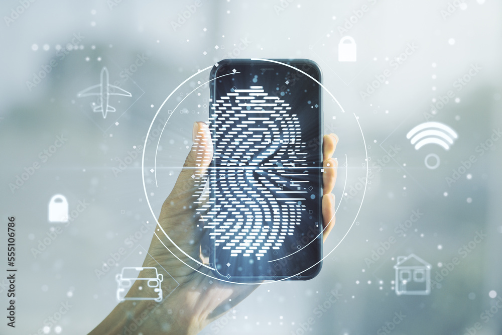 Poster double exposure of abstract creative fingerprint hologram and hand with cell phone on background, re