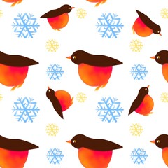 seamless christmas pattern of bullfinches and snowflakes