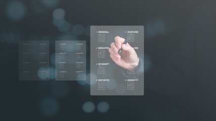 businessman Take an assessment, questionnaire, evaluation, online survey online exam Choosing the right answer in the exam, filling out an online survey form. Answer the test questions.