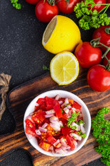salsa tomato spicy traditional food fresh meal food snack on the table copy space food background rustic top view
