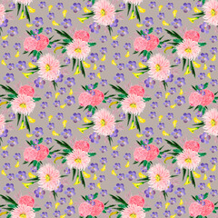 floral seamless pattern with pink and yellow flowers on a gray-pink background for textiles and decoration