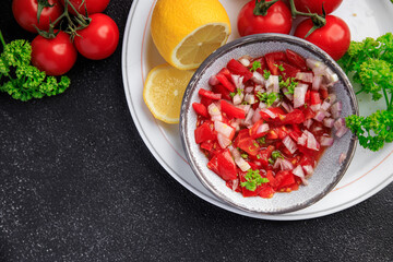 salsa tomato spicy traditional food fresh meal food snack on the table copy space food background rustic top view