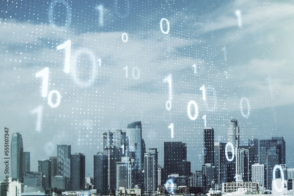 Aufkleber double exposure of abstract virtual binary code hologram on los angeles city skyscrapers background.
