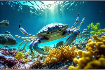 Beautiful tropical life in the coral reef, background crab - obrazy, fototapety, plakaty