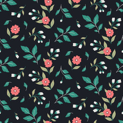 Seamless floral pattern, romantic flower print with folk motif. Abstract composition of decorative art branches with small flowers, leaves on a dark black background. Vector botanical illustration.