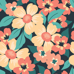 Seamless floral pattern with pink hand drawn flowers buds on a dark background. Romantic flower print, pretty ditsy design with simple flowers, leaves in a liberty arrangement. Vector illustration.