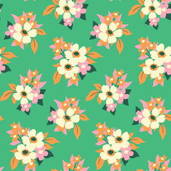 Seamless floral pattern with simple bouquets in trendy retro style. Cute flower print, cool ditsy design with decorative flowers, leaves in bouquets on green background. Vector botanical illustration.