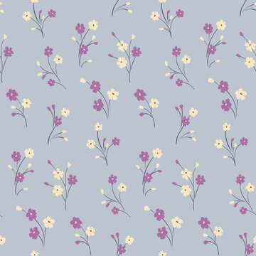 Seamless floral pattern, delicate ditsy print with simple small plants in liberty composition on a gentle blue background. Pretty flower design with tiny hand drawn flowers on thin stems. Vector.