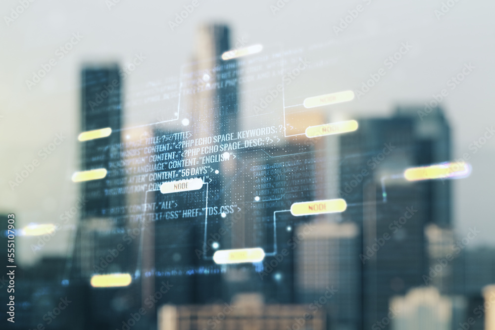 Fototapete Multi exposure of abstract graphic coding sketch on blurry skyscrapers background, big data and networking concept