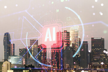 Double exposure of creative artificial Intelligence abbreviation hologram on Los Angeles office buildings background. Future technology and AI concept